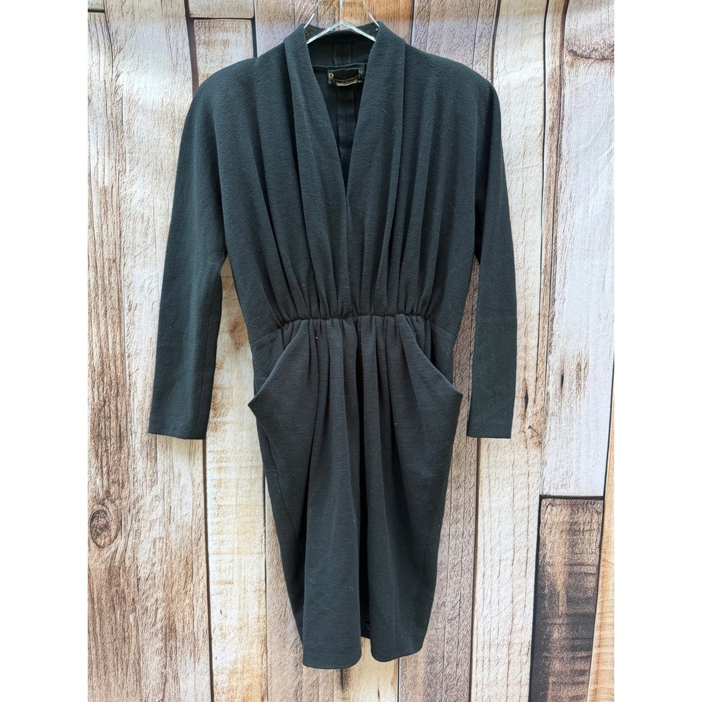 Vintage 1980s Donna Karan New York Wool Draped Dress Black Medium Made in USA